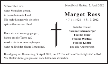 Traueranzeige von Margot Ross von Gmünder Tagespost