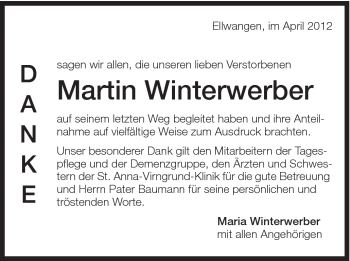 Traueranzeige von Martin Winterwerber von Schwäbische Post