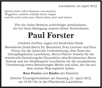 Traueranzeige von Paul Forster von Schwäbische Post