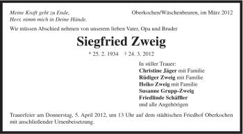 Traueranzeige von Siegfried Zweig von Schwäbische Post