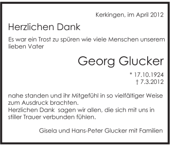 Traueranzeige von Georg Glucker von Schwäbische Post