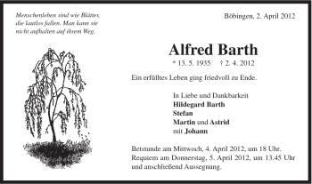 Traueranzeige von Alfred Barth von Gmünder Tagespost