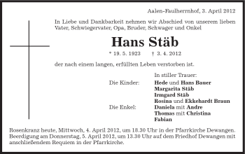 Traueranzeige von Hans Stäb von Schwäbische Post