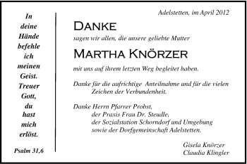 Traueranzeige von Martha Knörzer von Gmünder Tagespost