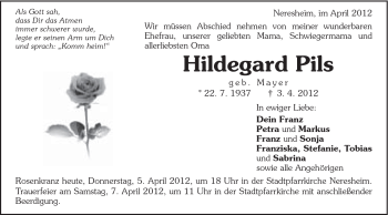 Traueranzeige von Pils Hildegard von Schwäbische Post