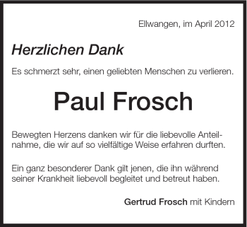 Traueranzeige von Paul Frosch von Schwäbische Post