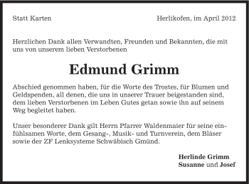 Traueranzeige von Edmund Grimm von Gmünder Tagespost
