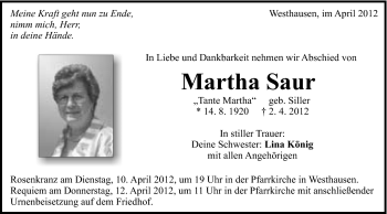 Traueranzeige von Martha Saur von Schwäbische Post