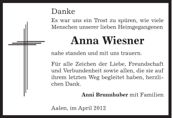 Traueranzeige von Anna Wiesner von Schwäbische Post