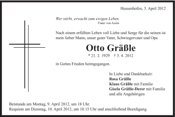 Traueranzeige von Otto Grässle von Gmünder Tagespost