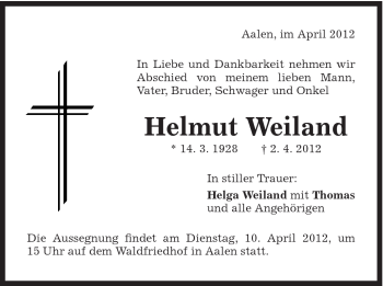 Traueranzeige von Helmut Weiland von Schwäbische Post