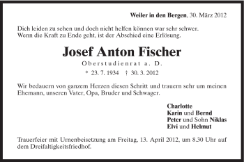 Traueranzeige von Josef Anton Fischer von Gmünder Tagespost