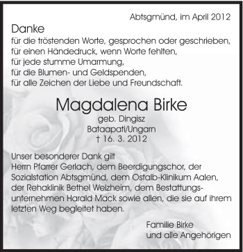 Traueranzeige von Magdalena Birke von Schwäbische Post