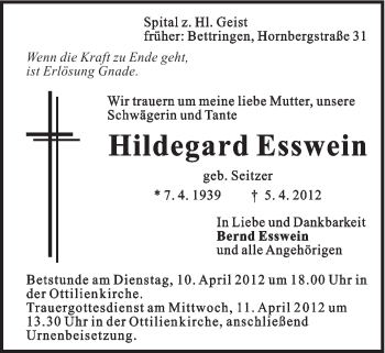Traueranzeige von Hildegard Esswein von Gmünder Tagespost