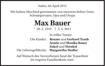 Traueranzeige von Max Bauer von Schwäbische Post