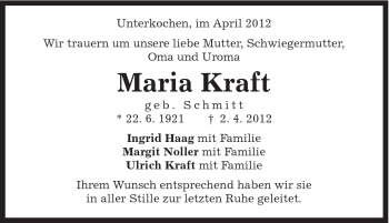 Traueranzeige von Maria Kraft von Schwäbische Post
