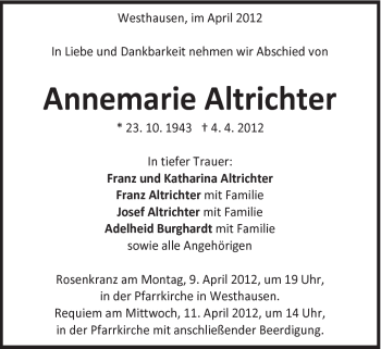 Traueranzeige von Annemarie Altrichter von Schwäbische Post