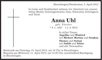 Traueranzeige von Anna Uhl von 020