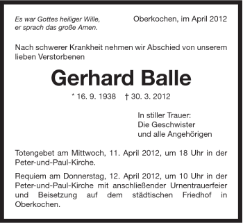 Traueranzeige von Gerhard Balle von Schwäbische Post