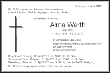 Traueranzeige von Alma Werth von Schwäbische Post