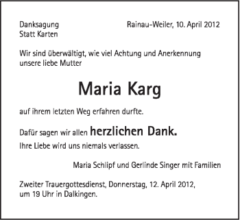 Traueranzeige von Karg Maria von Schwäbische Post