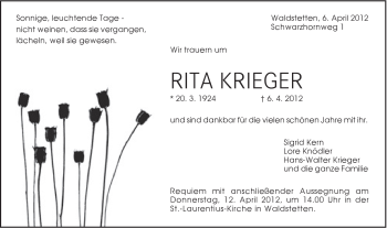 Traueranzeige von Rita Krieger von Gmünder Tagespost
