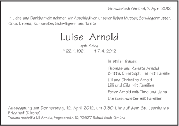 Traueranzeige von Luise Arnold von Gmünder Tagespost