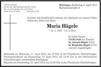 Traueranzeige von Maria Hägele von Gmünder Tagespost