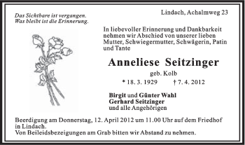 Traueranzeige von Anneliese Seitzinger von Gmünder Tagespost