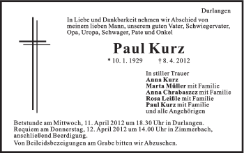 Traueranzeige von Paul Kurz von Gmünder Tagespost