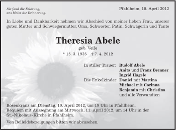 Traueranzeige von Theresia Abele von Schwäbische Post