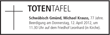 Traueranzeige von Michael Krauss von Gmünder Tagespost