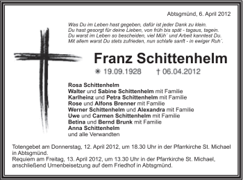 Traueranzeige von Franz Schittenhelm von Schwäbische Post