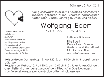 Traueranzeige von Wolfgang Ebert von Gmünder Tagespost