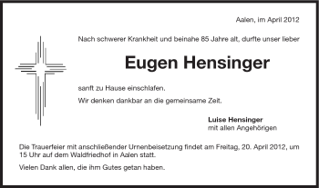 Traueranzeige von Eugen Hensinger von Schwäbische Post