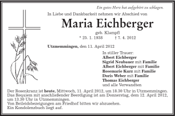 Traueranzeige von Maria Eichberger von Schwäbische Post