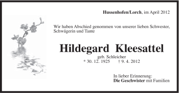 Traueranzeige von Hildegard Kleesattel von Gmünder Tagespost