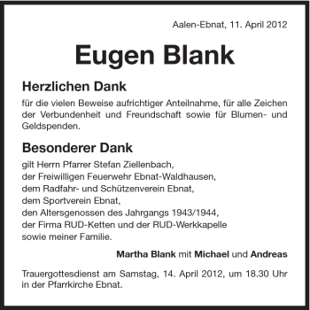 Traueranzeige von Eugen Blank von Schwäbische Post