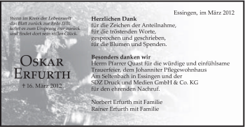 Traueranzeige von Oskar Erfurth von Schwäbische Post