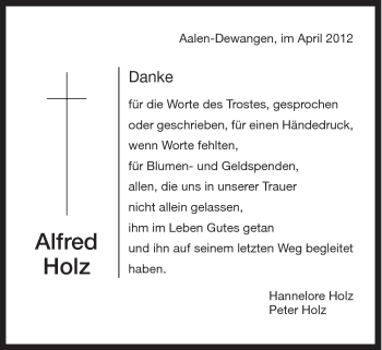 Traueranzeige von Alfred Holz von Schwäbische Post