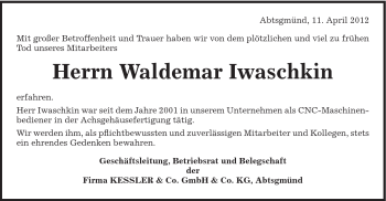 Traueranzeige von Waldemar Iwaschkin von Schwäbische Post