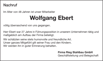 Traueranzeige von Wolfgang Ebert von Gmünder Tagespost