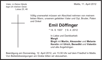 Traueranzeige von Emil Döffinger von Gmünder Tagespost