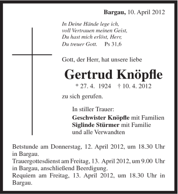 Traueranzeige von Gertrud Knöpfle von Gmünder Tagespost