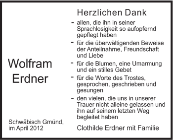 Traueranzeige von Wolfram Erdner von Gmünder Tagespost