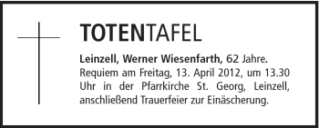 Traueranzeige von Werner Wiesenfarth von Gmünder Tagespost