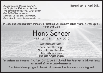 Traueranzeige von Hans Scheer von Schwäbische Post