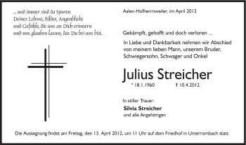 Traueranzeige von Julius Streicher von Schwäbische Post