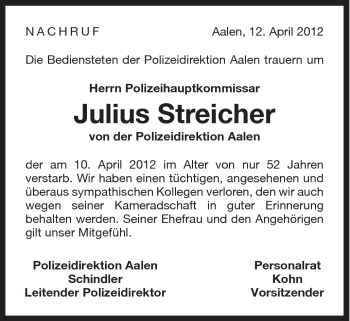 Traueranzeige von Julius Streicher von Schwäbische Post