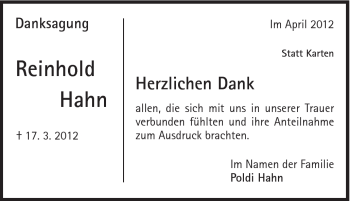Traueranzeige von Reinhold Hahn von Schwäbische Post